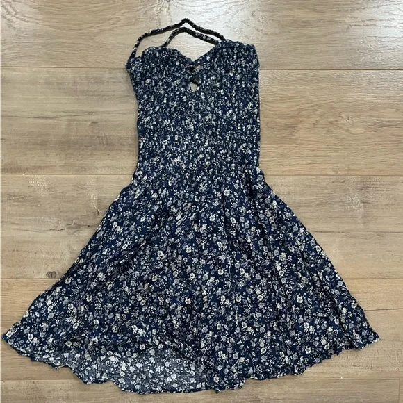 blue shimmer prom dress Fashion Strap White Blue Floral Print V-Neck Ruffle Back Tie-Up Dress main image 1
